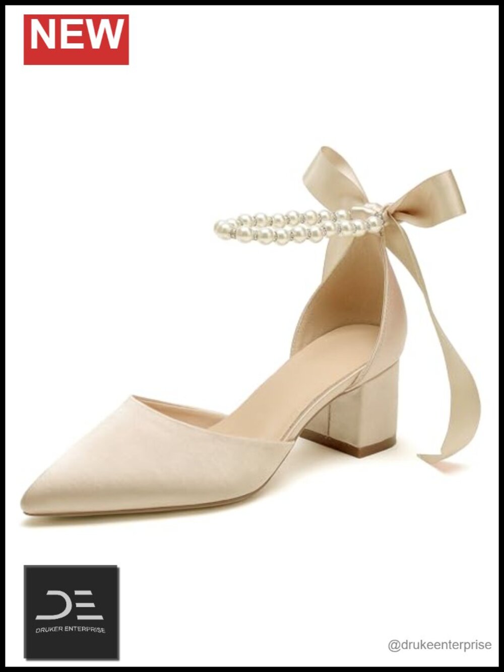 Women Chunky Heel Pumps Satin Pearls Bridal Wedding Evening Party Shoes